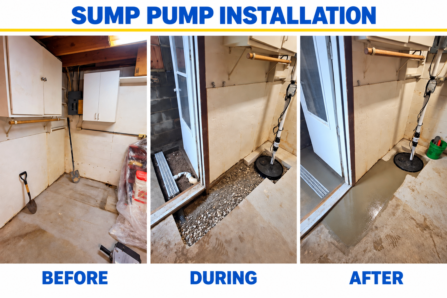 Sump pump installation — before, during, and after